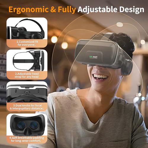 XWP VR Brille Handy Mit Kopfhörern, 3D Virtual Reality Headset Mit HD Linsen, Kompatibel Mit iPhone & Android 4,7–7,2 Zoll Smartphones, Für Spiele, Filme Und Familienspaß, Freunde