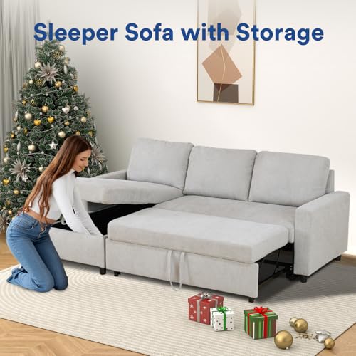Image of Rovibek 83 inch Convertible Sofa Bed Couch with Storage - 4 in 1 L Shaped Sofa with Pull Out Couch Bed for Living Room, Apartment, Office, Small Spaces, Light Grey