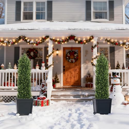 THE BLOOM TIMES 5FT Tall Artificial Cedar Topiary Trees Set of 2, UV Resistant Large Faux Cypress Evergreen Plants for Outdoor Planters, Realistic Fake Bushes & Shrubs for Front Porch Decor by THE BLOOM TIMES - Used condition - Image 9