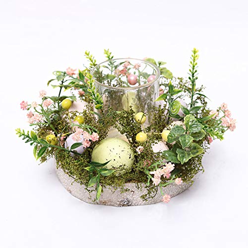Asodomo Creative Glass Tealight Candle Disk Easter Eggs Glass Candle Holder Decorative Candlestick with Easter Egg Wreath and Foam Base for Home Table Centerpiece Decor