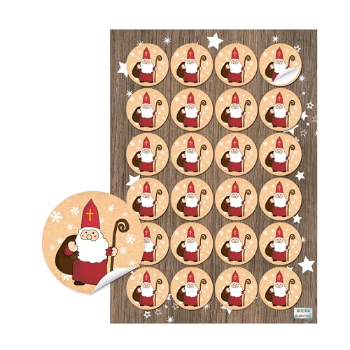 Logbuch-Verlag 24 autocolantes de São Nicolas - decoração de Natal - 4 cm, redondo - autocolantes de Natal em cor vermelha e dourada