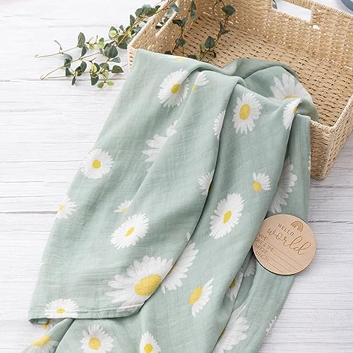 Image of BabyWhale Swaddle Blankets for Baby Girl, 2-Pack Super Soft Viscose Bamboo Cotton Muslin Swaddles Blankets (Large 47 inch x 47 inch), Floral & Little Daisy Pattern, Newborn Baby Registry