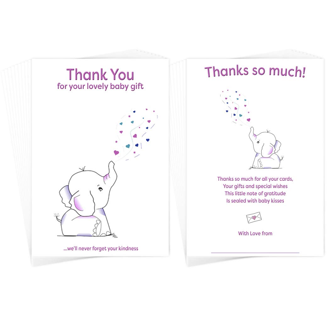 Baby Thank You Cards Girl Boy - 20 Pack Self-Seal Envs - New Babies Christening Showers Toddler 1st Birthday Gift - Cute Elephant Postcard Style - On - View #7