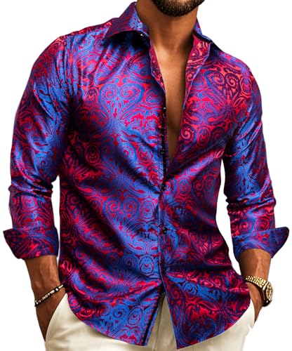 Chemise en soie motif cachemire rouge et noir Barry.Wang à manches longues pour homme du S au 3XL