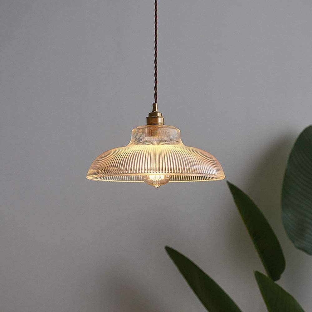 SXECAEPS Simplicity Antique Single Chandelier - Brass Finish, Rustic Ribbed Glass, Tapered Pendant Light for Hallway, Dining Room, Living Cafe