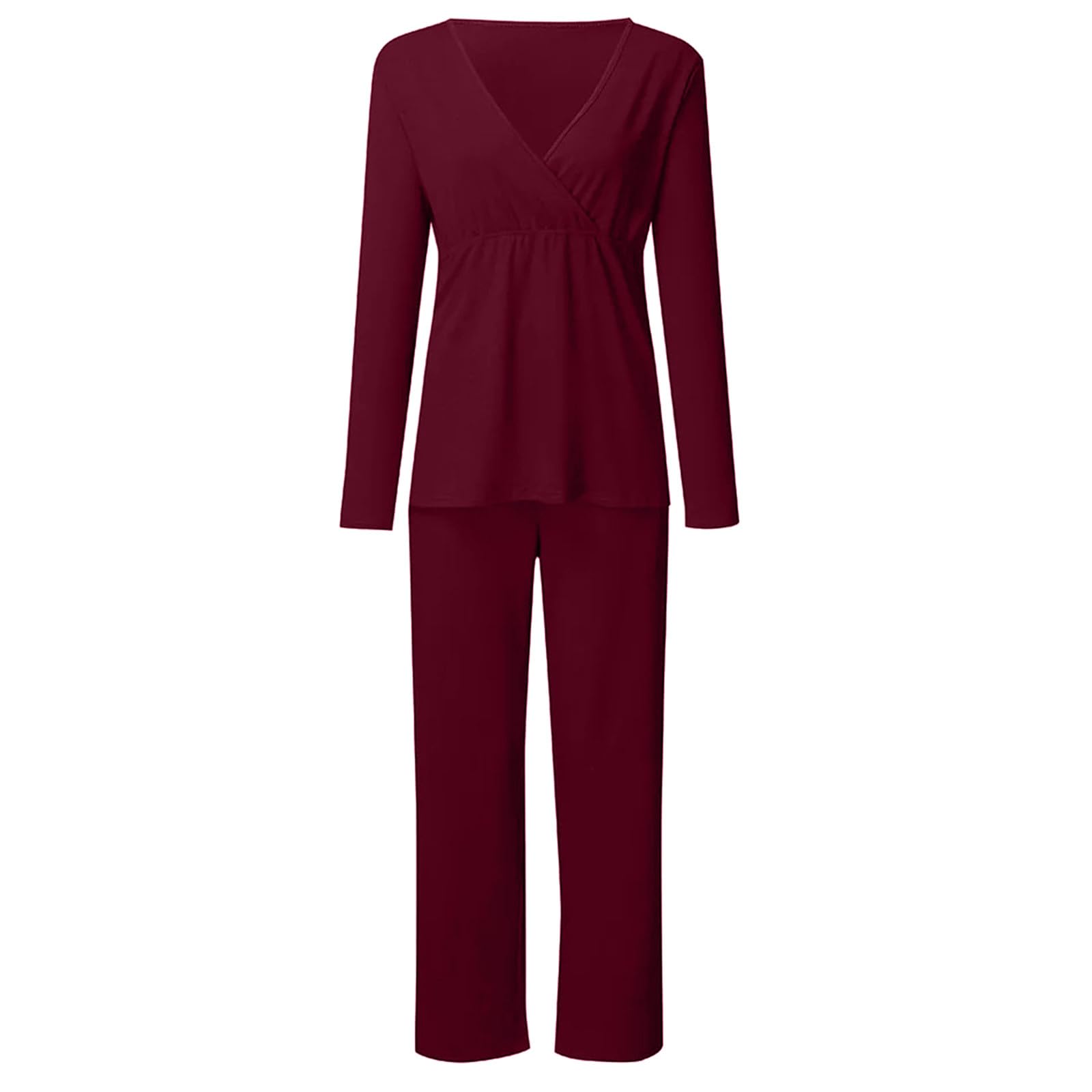 Ensemble de Pyjama Maternité Coton Pyjama de maternité Couleur Unie Longue Vêtements de Nuit Grossesse Pyjama Chaud Allaitement