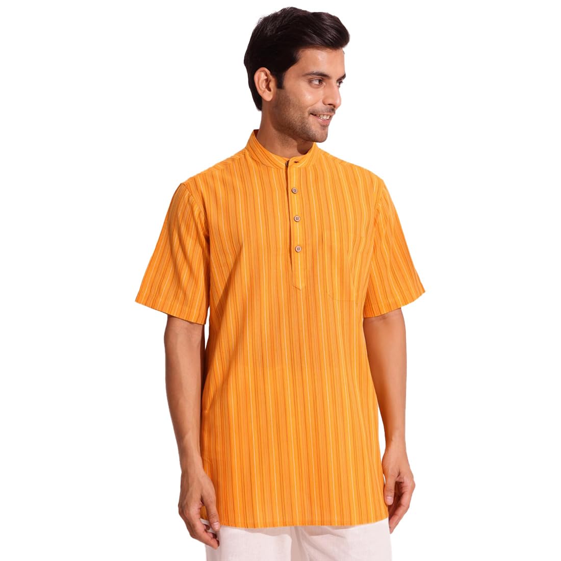 fabindia Men Cotton Yellow Striped Chinese Collar Regular Fit Kurta-picture-51