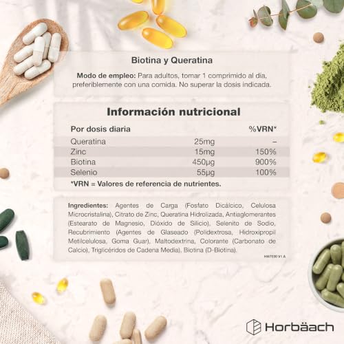 Miniatura 3 de Biotina Max con Keratina Zinc y Selenio | + de 1 Año de Suministro - 400 Comprimidos | Complejo de Vitamina B7 | Horbaach