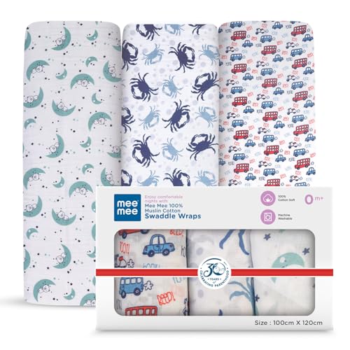 Image of Mee Mee 100% Cotton Muslin Swaddle Wrap for Newborn Baby (120 x 100 cm) (PK-3) | Ultra Soft, Breathable, Lightweight & Quick-Dry | Hypoallergenic Multi-Use Baby Blanket, Nursing Cover, Stroller Cover