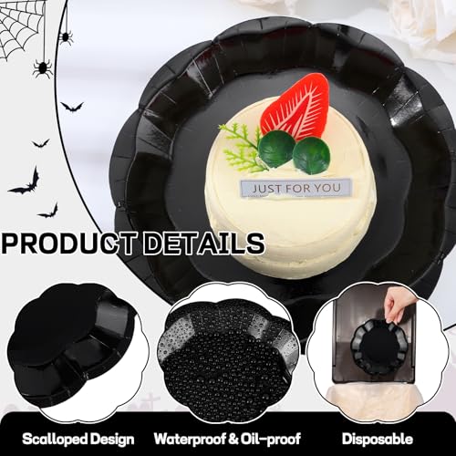 Image of 30 Pcs Black Paper Plates, 7 Inch Scalloped Halloween Plates Disposable