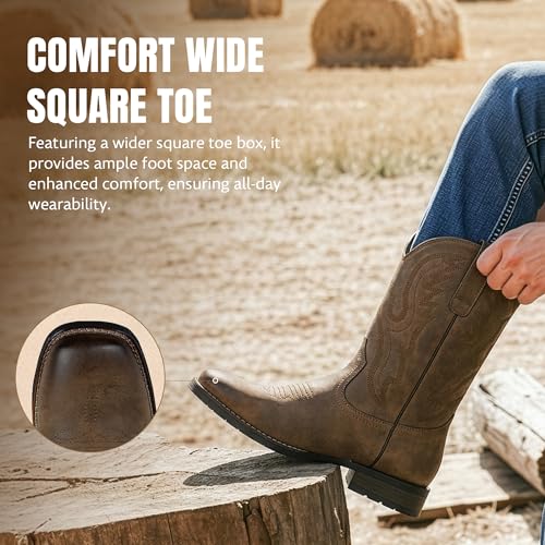 Image of J's.o.l.e Cowboy Boots for Men Square Toe Work Boots Pull on Silp Resistant Wide Calf Men's Western Boot Brown
