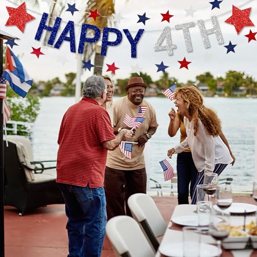 Image of 8 Strands Patriotic Star Streamers Banner Garland Red White Blue for 4th of July Memorial Day Independence Day Celebration Veterans Day Party Holiday Decorations (8pack Banner Garland)