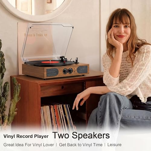 Image of Vinyl Record Player with Built-in Stereo Speakers, 3-Speed Belt-Drive Turntable, Treble & Bass Control, RCA-Out /AUX-in, 3.5mm Headphone Jack-Vintage LP Player for Home & Gifts, Walnut