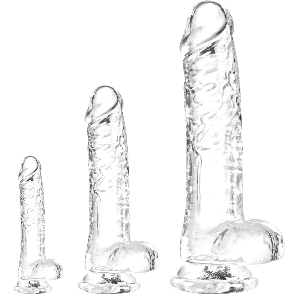 Juego de consoladores realistas transparentes:consolador con ventosa de 3 tamaños para placer anal y vaginal,pene realista con bolas,adecuado para principiantes y usuarios avanzados (16cm,21cm,28cm)