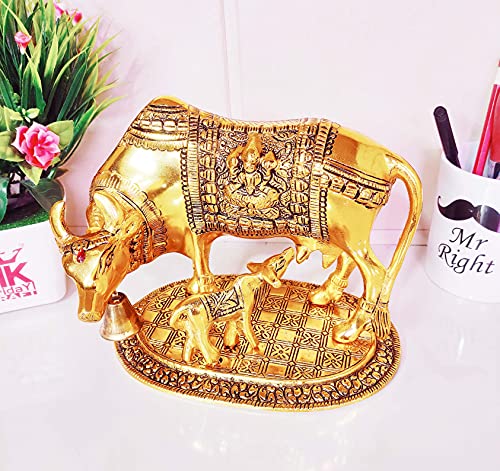 Image of KridayKraft Kamdhenu Cow,Calf with Bal Gopal Krishna Metal Statue for Good Luck,Feng Shui As Table Top Figurine,Vastu,Religious Gau MATA Idol