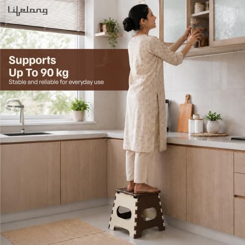 Image of Lifelong 12 Inch Foldable Plastic Step Stool | Heavy Duty Folding Stool for Adults & Kids with Carry Handle | Anti-Skid Portable Multipurpose Sitting Stool for Kitchen, Bathroom, Home, Garden