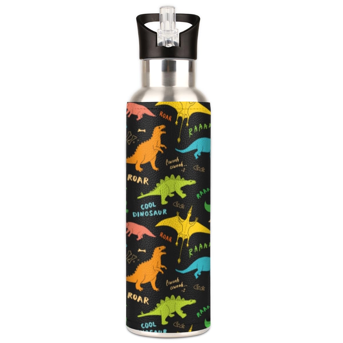 SUABO Dinosaurier-Trinkflasche – Isolierte Edelstahlflasche 590 Ml, Mit Strohhalm, Hält 24h Kalt / 10h Warm