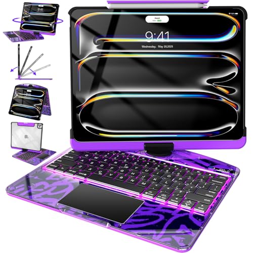 Image of Intermerge Clear Keyboard Case for iPad Pro 11 inch(M5,2025 / M4,2024), 360 Swivel Multi-Touch Trackpad, 7-Color RGB Backlit, Pencil Holder, Type-C, Power Indicator, Neon Pulse