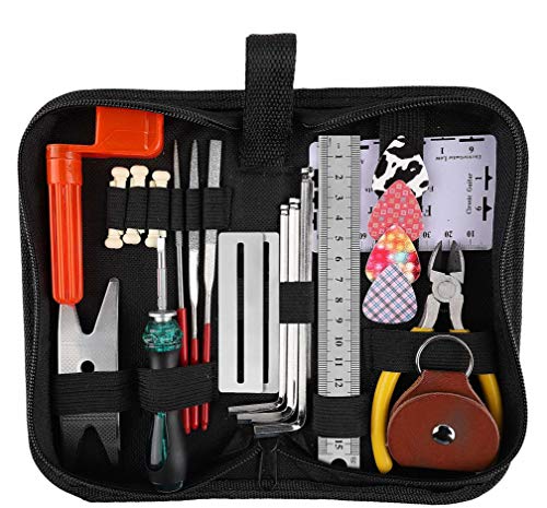 Guitar Repairing Tool Kit(26PCS) Wire Plier,String Organizer,Fingerboard Protector,Hex Wrenches, Files, String Ruler Action Ruler, Spanner Wrench,Bridge Pins for Guitar Ukulele Bass Mandolin (26 PCS)