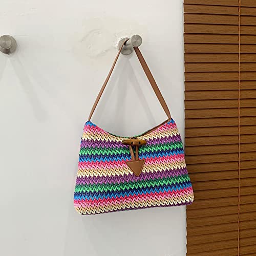 Straw Bag for Women,Shoulder bag, Bohemian underarm bag, Colorful Hand-Woven Patchwork Leather Shoulder Strap, Beach Bag Suitable for Beach, Travel, Daily Matching (Pink)3