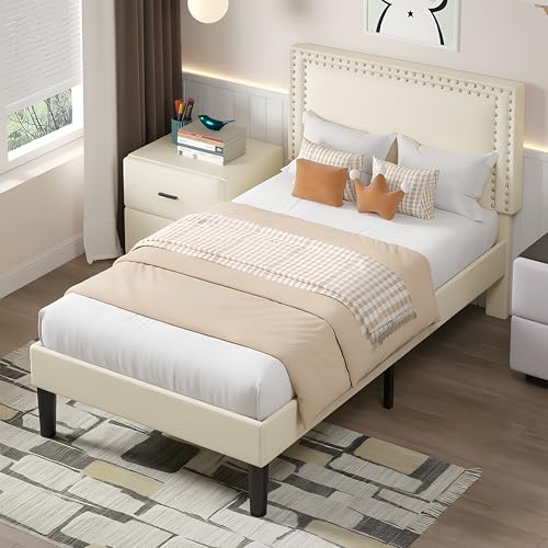 Image of VECELO Twin Size Platform Bed Frame with Height Adjustable Upholstered Headboard, Modern Mattress Foundation,Strong Wood Slat Support, No Box Spring Needed, Easy Assembly, Beige