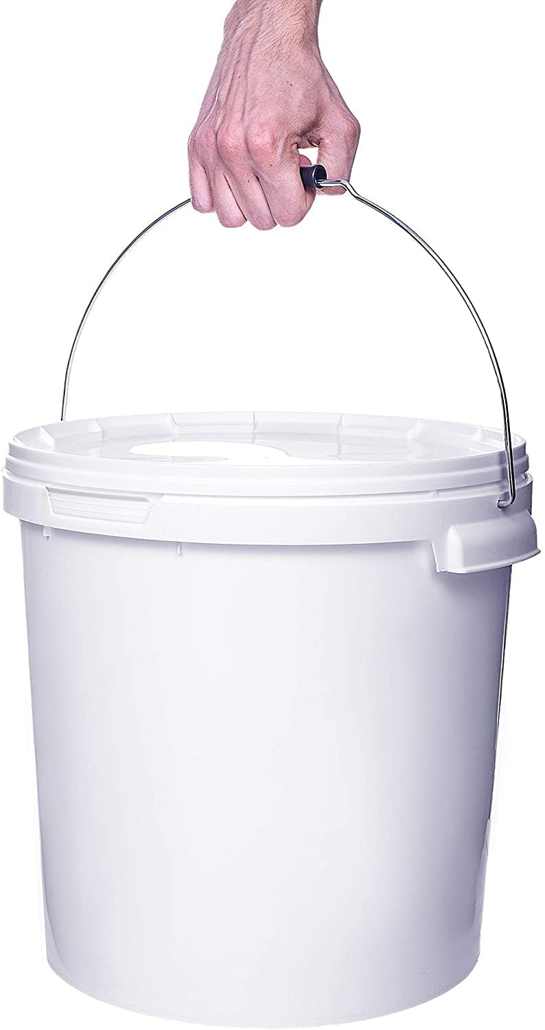 4 secchi da 20 litri, con coperchio, di colore bianco traffico, simile al codice RAL 9016 per alimenti