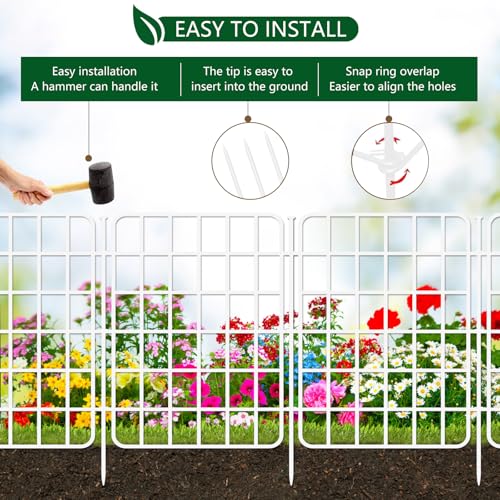 Image of 13ft x 17in Garden Fence Animal Barrier, 12 Panels No Dig Fence Border, Rustproof Metal Decorative Garden Fencing with Ground Stake, Flower Bed Edging Border for Dog, Rabbit, Outdoor Patio, White