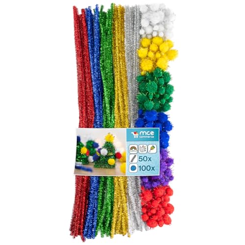Glitzer set Pompons, Pfeifenputzer, 100 glitzer Pompons 10-25mm, 50 glitzer pompons 8mmx50cm