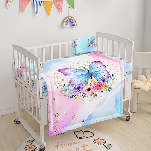 Image of Crib Bedding Set,3pcs Nursery Crib Bedding with Comforter Crib Sheet & Crib Skirt,Watercolor Butterfly Flowers Printed Nursery Bedding for Baby Boys and Girls(Butterfly)