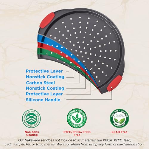 NutriChef 2-Pc. Non Stick Pizza Tray - with Silicone Handle, Round Steel Non-Stick Pan with Perforated Holes, Dishwasher Safe, Pizza Tray with Silicone and Oversized Handle, PFOA, PFOS, PTFE Free - Image 4