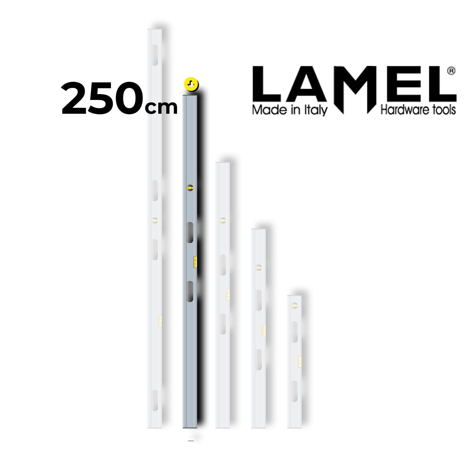 LAMEL Poziomica 250 cm, wyprodukowana we Włoszech, z 2 uchwytami, anodowana, z 1 poziomnicą poziomą i 1 poziomnicą pionową.