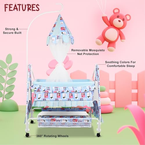 Image of New Born Baby Soft Seat Cradle with Swing and Mosquito Net, Four Wheels with Brake Lock for Swing Cradle /Jhula /Palna /Bed /Baby Safe for 0-2 Years(Sky Blue)