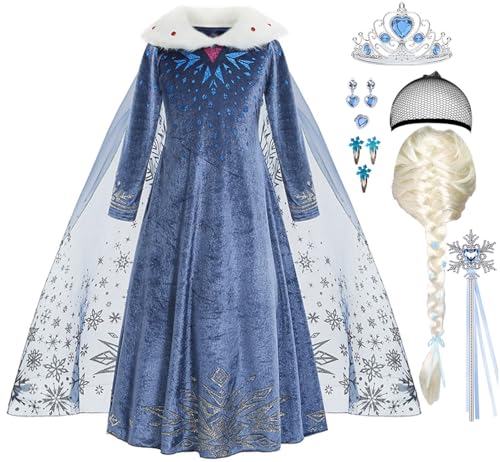ZaisuiFun Disfraz de Princesa Elsa para Niñas Vestido Frozen Azul Manga Larga Calentito con Cuello de Peluche para Halloween Cumpleaños Canarval