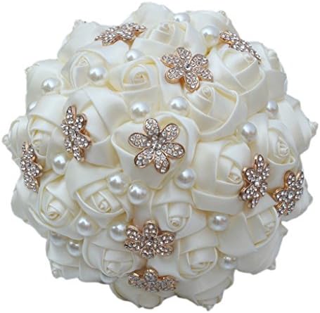 S-SSOY Wedding Bouquet Bride Bridal Brooch Bouquets Bridesmaid Ivory Cream Gold Bouquet Diamond Pearl Ribbon Valentine's Day Confession Party Church with Free Corsage Flower, 21x26cm