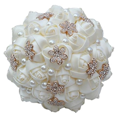 S-SSOY Wedding Bouquet Bride Bridal Brooch Bouquets Bridesmaid Ivory Cream Gold Bouquet Diamond Pearl Ribbon Valentine's Day Confession Party Church Cover