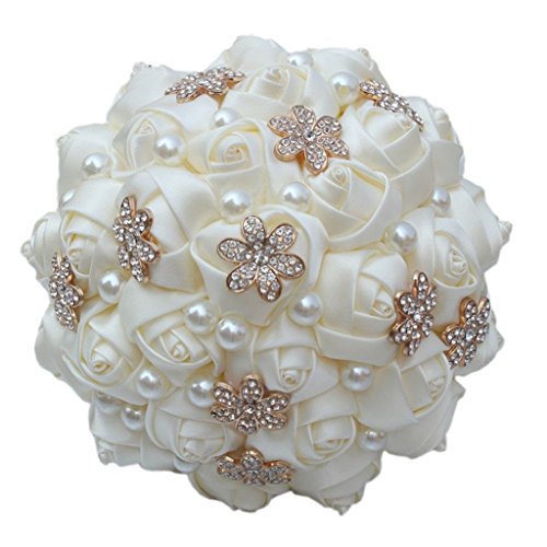 S-Ssoy Wedding Bouquet Bride Bridal Brooch Bouquets Bridesmaid Ivory Cream Gold Bouquet Diamond Pearl Ribbon Valentine's Day Confession Party Church With Free Corsage Flower, 21X26Cm #TOP2