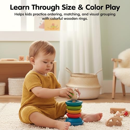 Image of PlanToys Mouse Stacking Ring Wooden Montessori Size and Colour Sorting Toy | Fine Motor, Coordination and Early Math Learning Activity | Eco Friendly Educational Stacking Toy