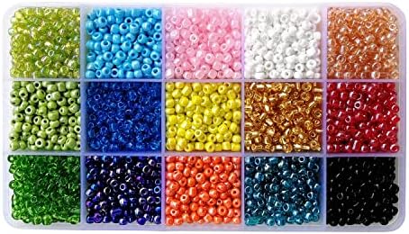 BALABEAD 4mm Seed Beads About 5000pcs in Box 15 Colors Size 6/0 Glass Seed Beads for Jewelry Making, 4mm Round, Hole 1.2mm (15 Colors)