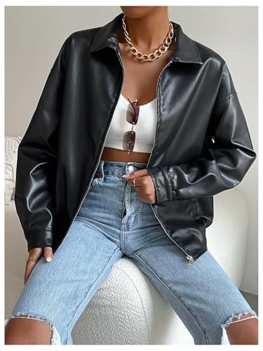 MakeMeChic Women's Faux Leather Shacket Long Sleeve Zip Up Motorcycle Jacket Biker Coat4