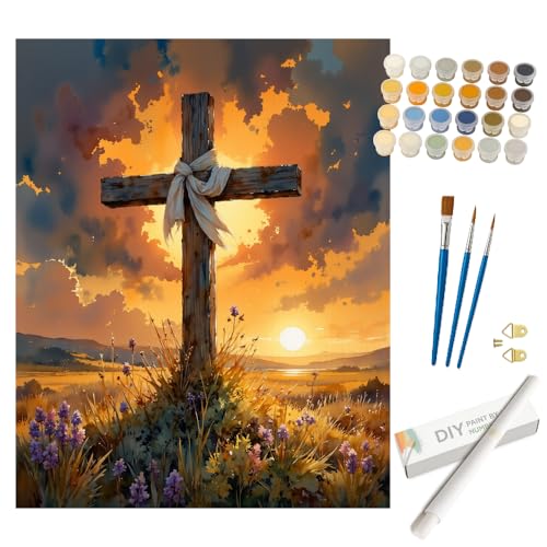 Religious Paint by Numbers Kit for Adults - DIY Cross in Sunrise Field Painting on Rolled Canvas 16x20 Inches, Acrylic Paint Set, Suitable for Beginners, Inspirational Art for Home Decor or Gifts