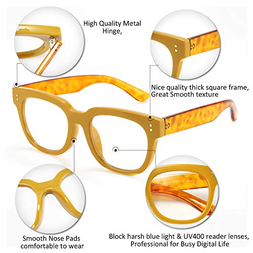 Image of FEISEDY Retro Square Thick Big Frame Blue Light Blocking Reading Glasses Anti Glare Digital Eyestrain Reader B2523 (Mix Amber, 1.75x)