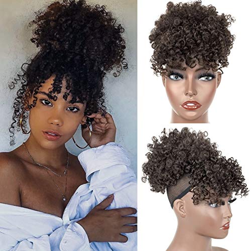 Afro Puff Drawstring Ponytail With Bangs #2 Natural Black Short Afro Kinky Curly Hair Bun Ponytail with Bangs Pineapple Wrap Updo Hair Extensions For Women Afro High Puff Bun Clips in Hairpieces