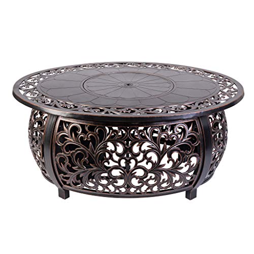Fire Sense 62198 Toulon Filigree Aluminum Convertible Gas Fire Pit Table 55000 BTU Outdoor Multi Functional with Fire Bowl Lid Nylon Weather Cover Clear Fire Glass Bronze Finish Oval 48