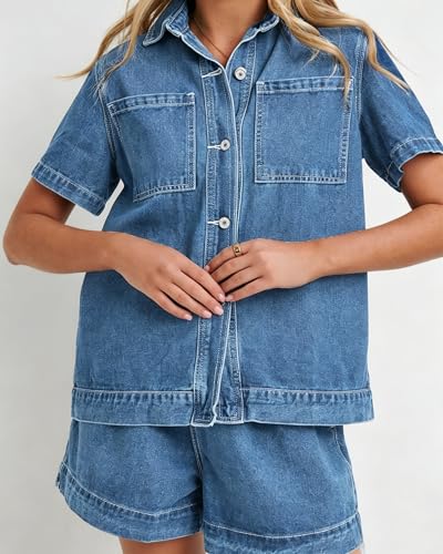 Image of Kedera Summer Denim Set for Women 2 piece Casual Short Sleeve Boxy Shirt Tops and Shorts Pants Lounge Sets Outfits