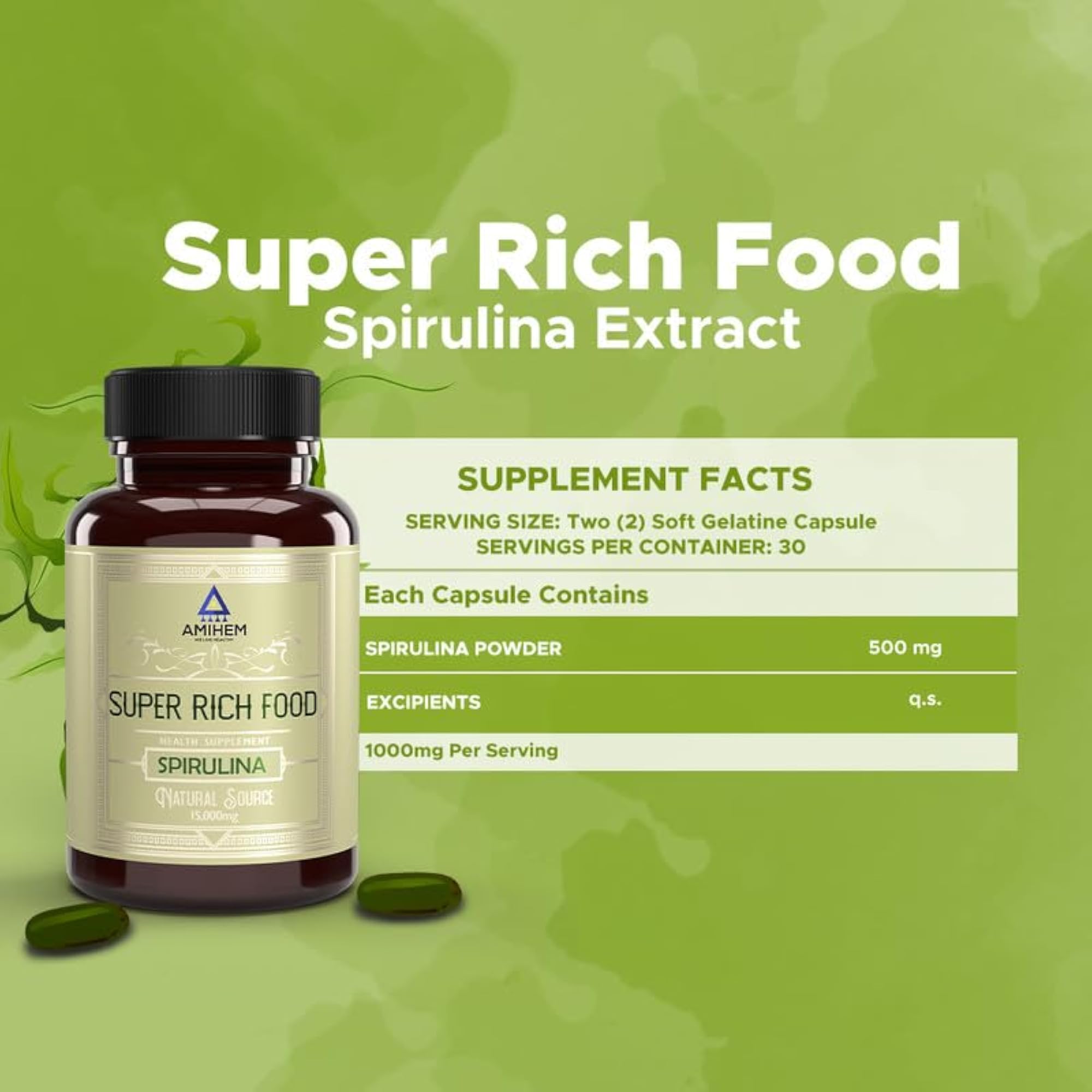 AMIHEM Spirulina Extract, 500mg Superfood Supplement