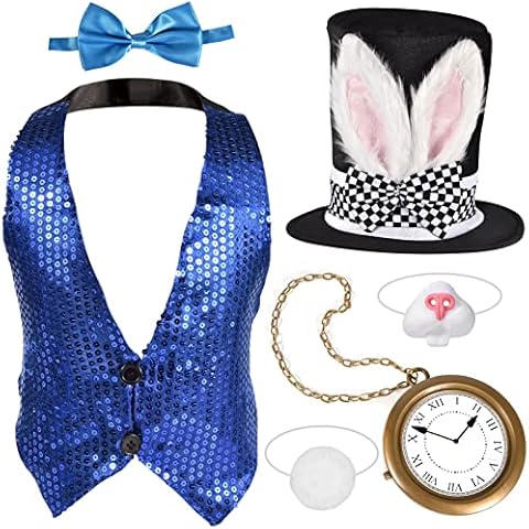 Tacobear White Rabbit Costume Adult Kids Bunny Fancy Dress Up Set with Blue Sequin Vest Big Clock Rabbit Ears Hat Nose Tail Bow Tie Bunny Costume Accessories for Carnival Easter Halloween Cosplay Cover