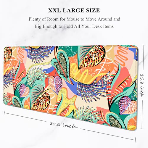 Image of Auhoahsil Desk Mouse Pad, Large Gaming Mousepad, XXL Desk Pad, Extended Long Superior Micro-Weave Cloth Non-Slip Rubber Big Computer Mouse Mat for Gamer, Office & Home, 35 inch x 15 inch, Tropical Leaves