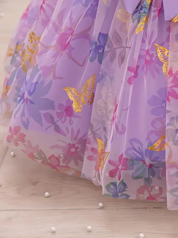 Image of Niren Enterprise Baby Girls Fit And Flare Knee Length Gold Foil Butterfly Puff Sleeve Bowknot Princess Gown Dress for Special Occasions