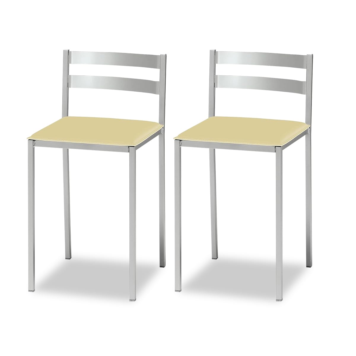 ASTIMESA 2 Taburetes de Cocina con Respaldo bajo, Franjas horizontales y Asiento tapizado - Estructura Color Aluminio - Asiento en Polipiel beig