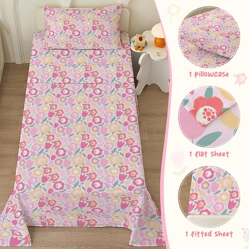 Bedmoon Girls Twin Sheets, Kids Pink Floral Bed Sheet Set With Non-Slip Fitted Sheet thumb #2